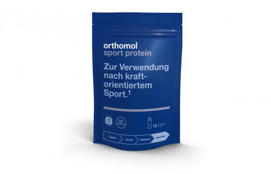 Orthomol Sport Protein ist ein Getränkepulver zur Herstellung eines Protein-Shakes mit Schokoladengeschmack 
